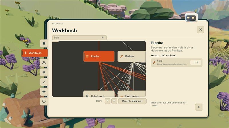 Das geöffnete Werkbuch zeigt eine Planke und Holz als Zutat an der Holzwerkstatt